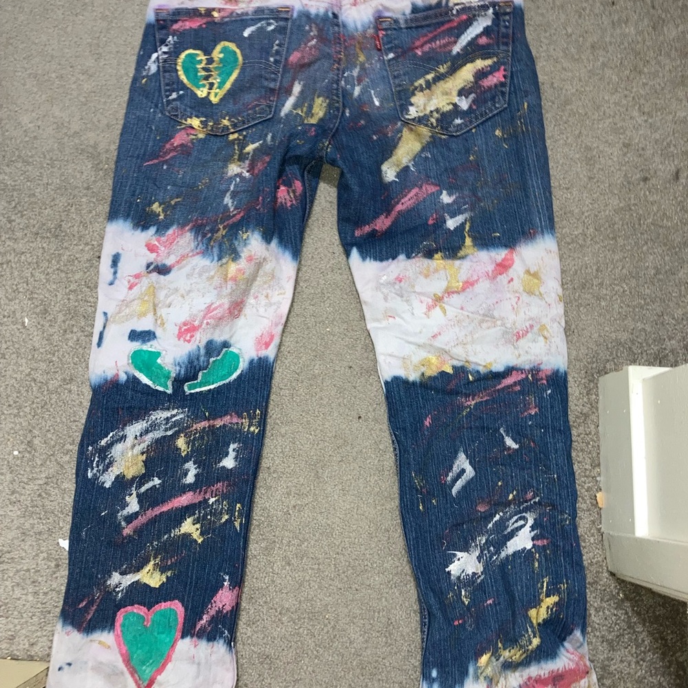 Size Medium - Hand painted thrifted & reused jeans.